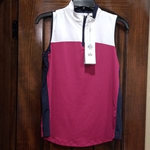 Womens berrywine, blue and white golf shirt